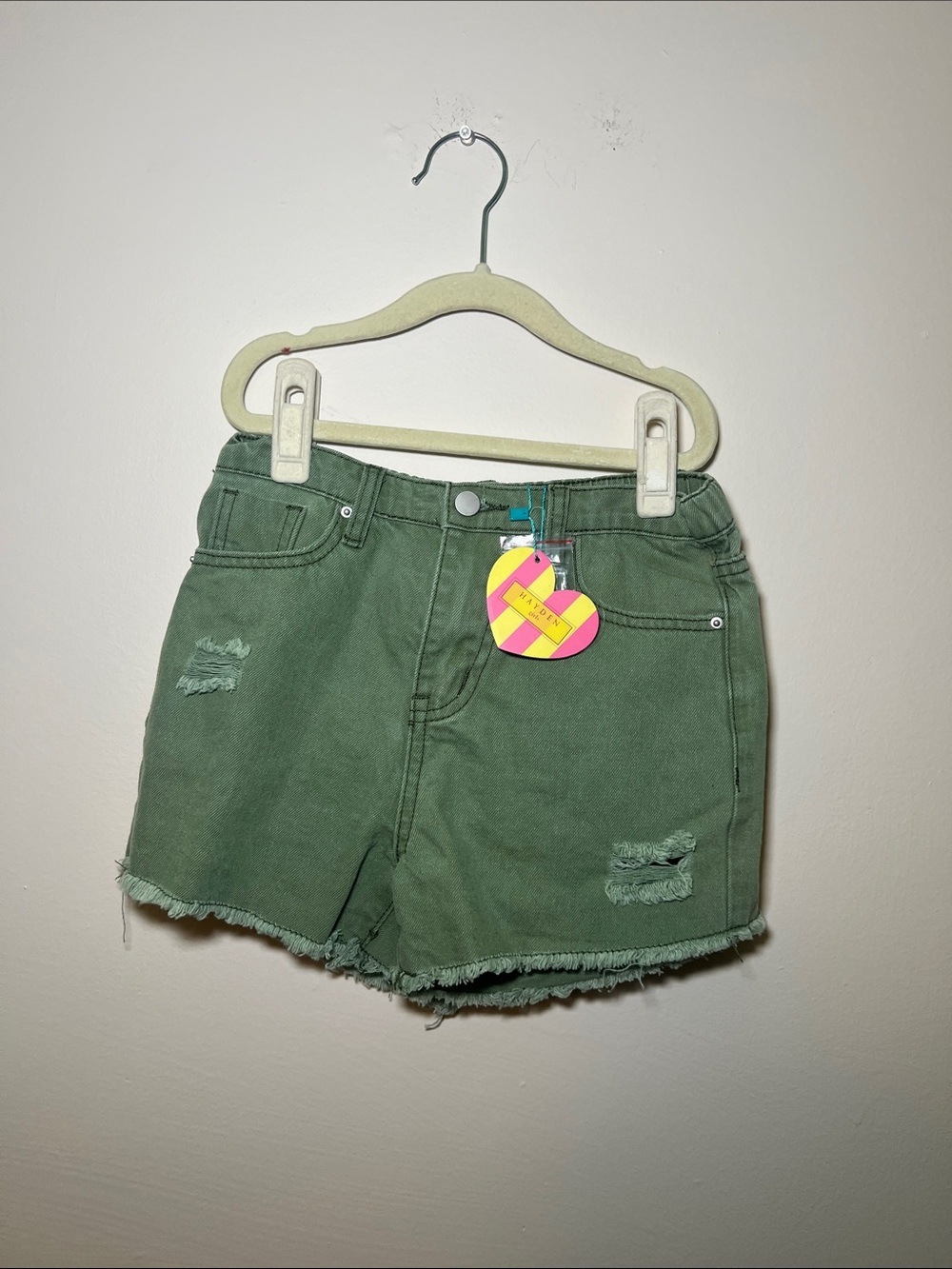 Casual Olive Green Hayden Girls Distressed Denim Shorts